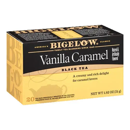 Bigelow Vanilla Caramel tea box, individually wrapped tea bags on white