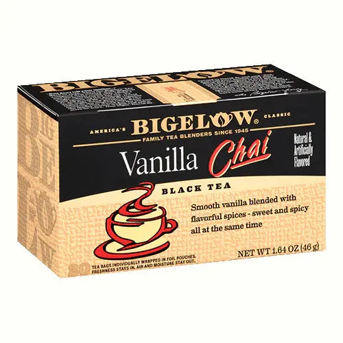 Bigelow Vanilla Chai black tea blend box with warm brown and cream tones, 20 wrapped tea bags, on white background.