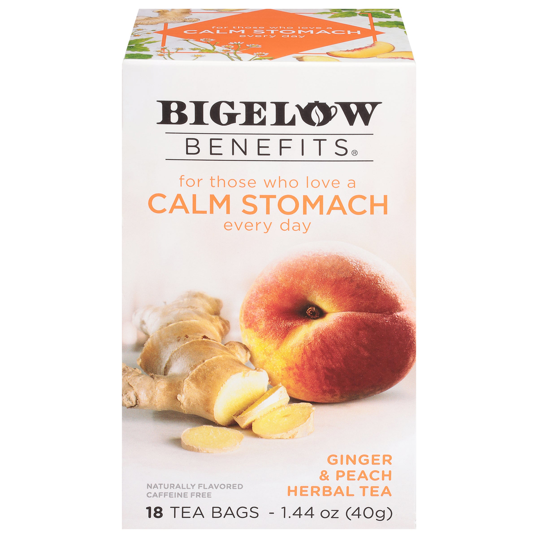Bigelow Benefits Calm Stomach Ginger and Peach herbal tea box
