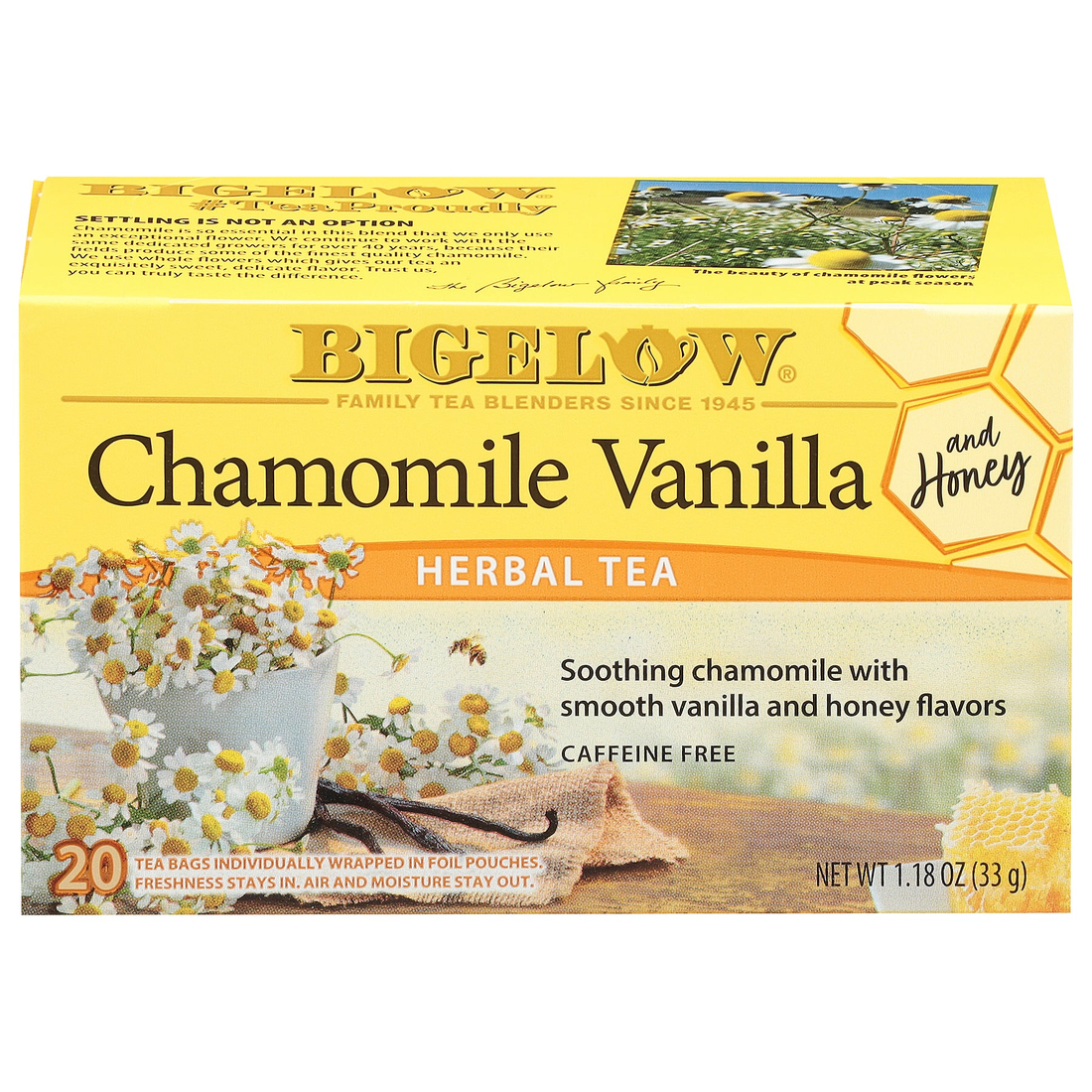 Bigelow Chamomile Vanilla Honey herbal tea box