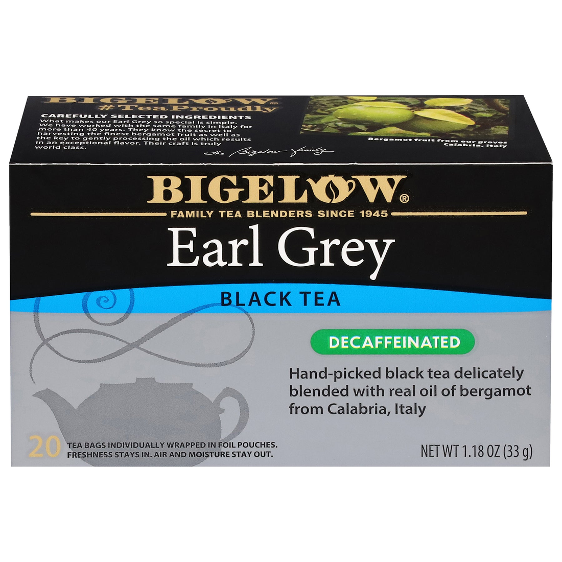 Bigelow Earl Grey Decaf black tea box